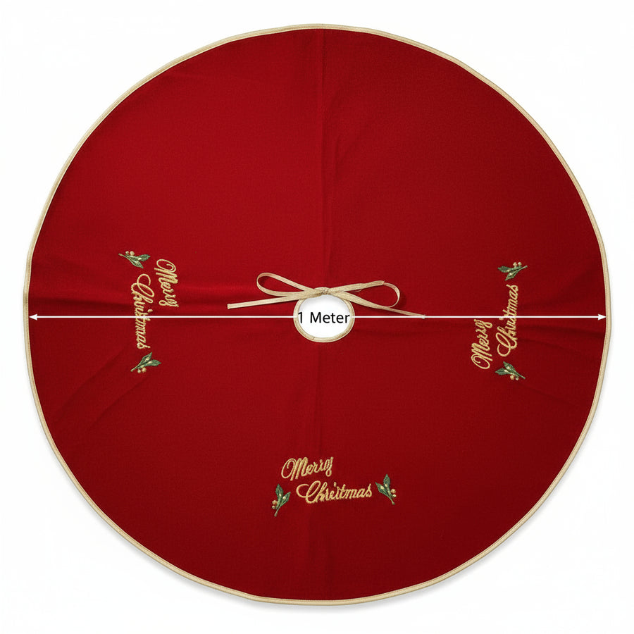 Coral Tree Red Velvet Christmas Tree Skirt with Golden Trim & Embroidery