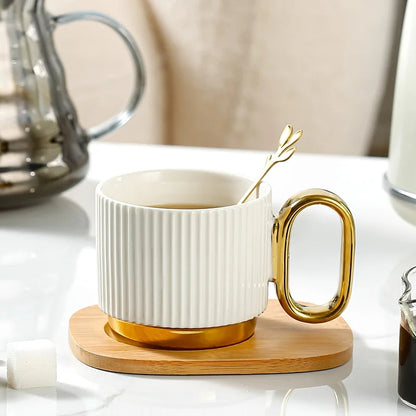 Porcelain Coffee Cup and Saucer Set with wooden tray