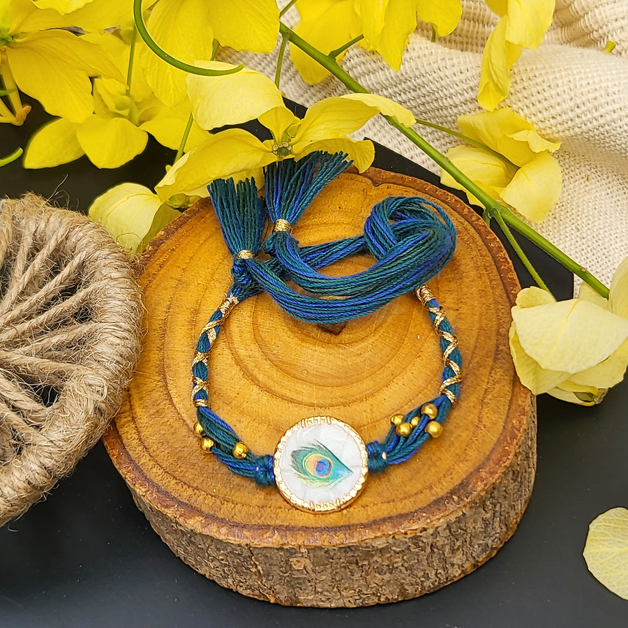 Peacock blue Feather print rakhi
