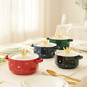Coral Tree Ceramic Casserole Bowl with Lid | Crown Handle Serving Pot | 20x15x12 cm | Premium Serving Dish