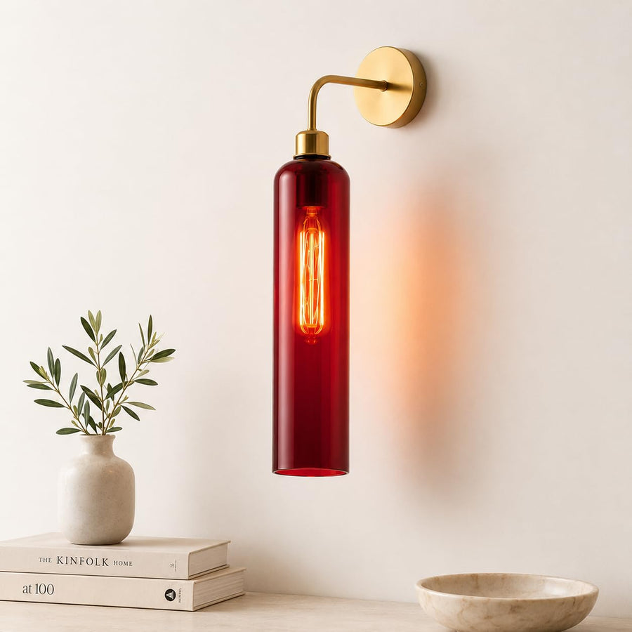 Modern Brass Wall Light with T30 Tube Bulb | Cylindrical Glass Designer Sconce | H56 × W10 × D21 cm | Warm Ambient Lighting