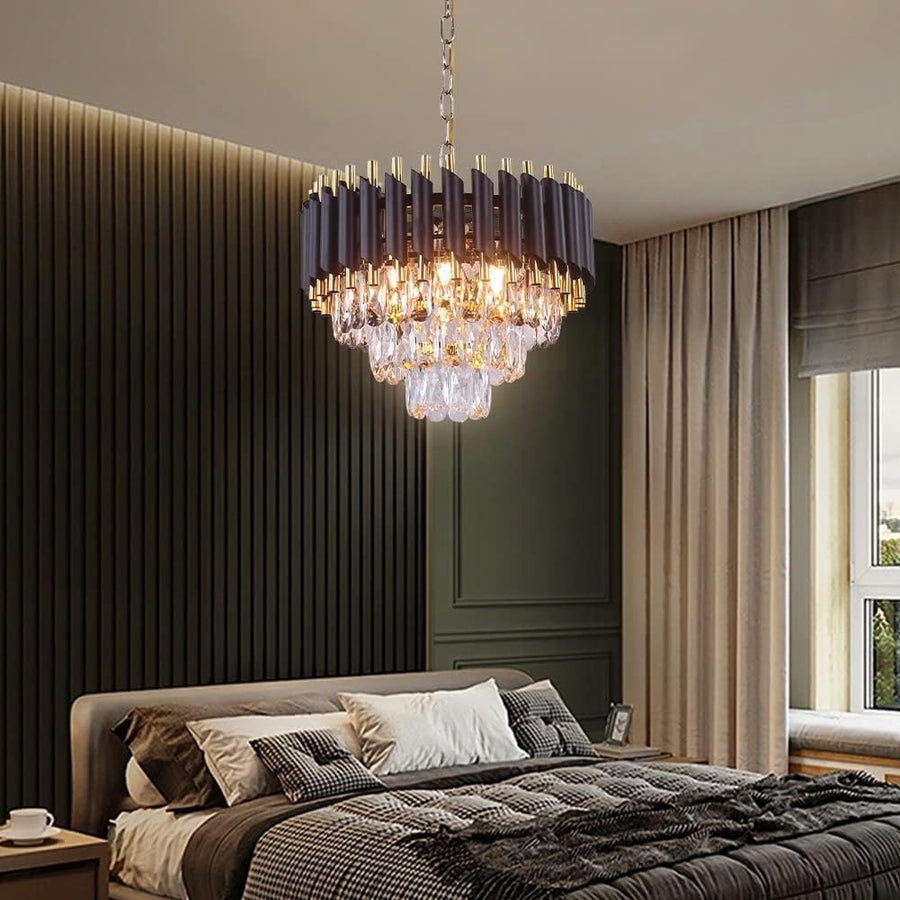 Luxury Black & Gold Crystal Chandelier – 400 mm Diameter | Polished Golden Chain & Canopy | Modern Designer Ceiling Light
