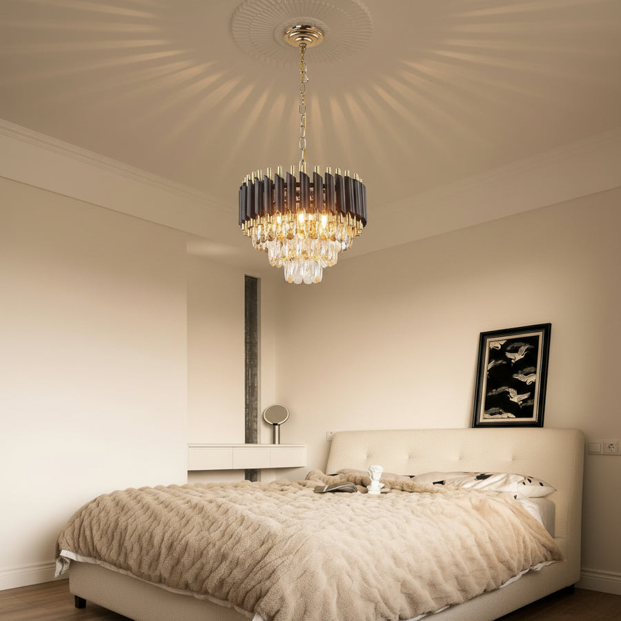 Luxury Black & Gold Crystal Chandelier – 400 mm Diameter | Polished Golden Chain & Canopy | Modern Designer Ceiling Light