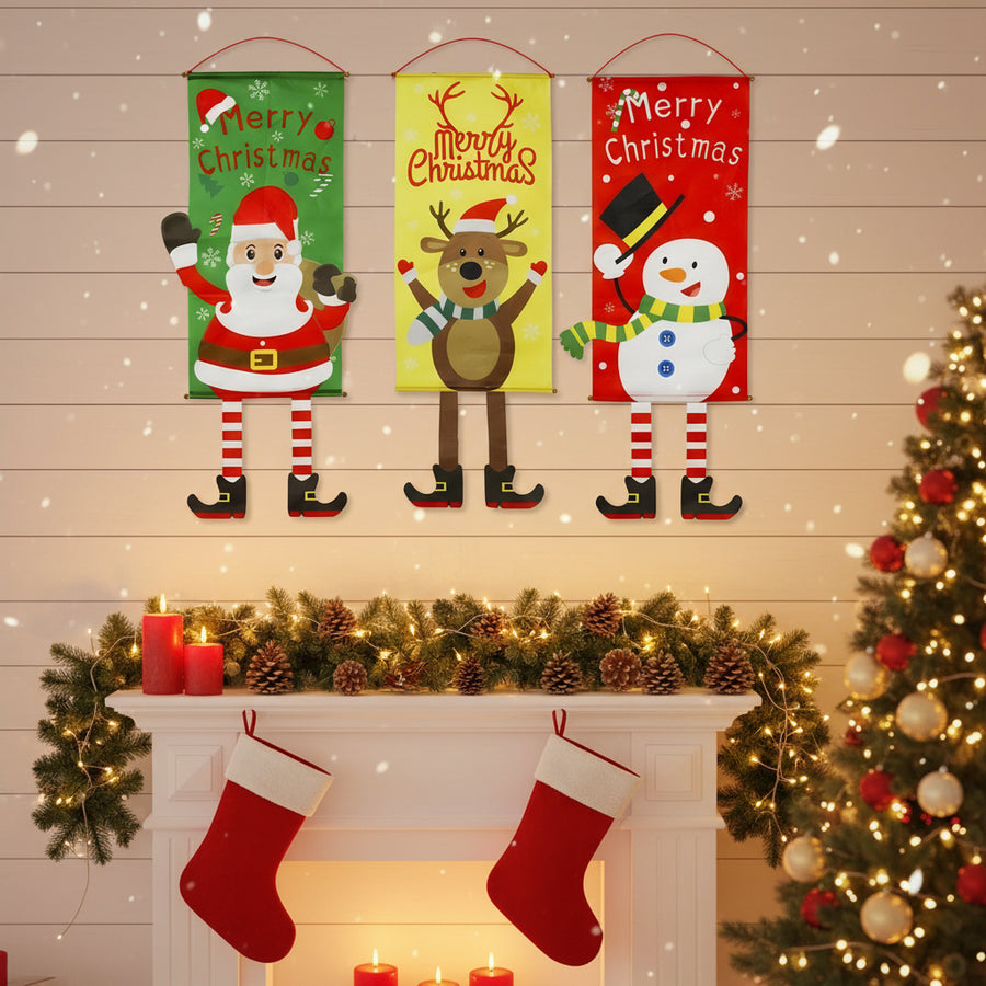 Christmas Porch Banner Set of 3 – 80cm Santa, Snowman & Reindeer Hanging Flags for Door & Window Décor