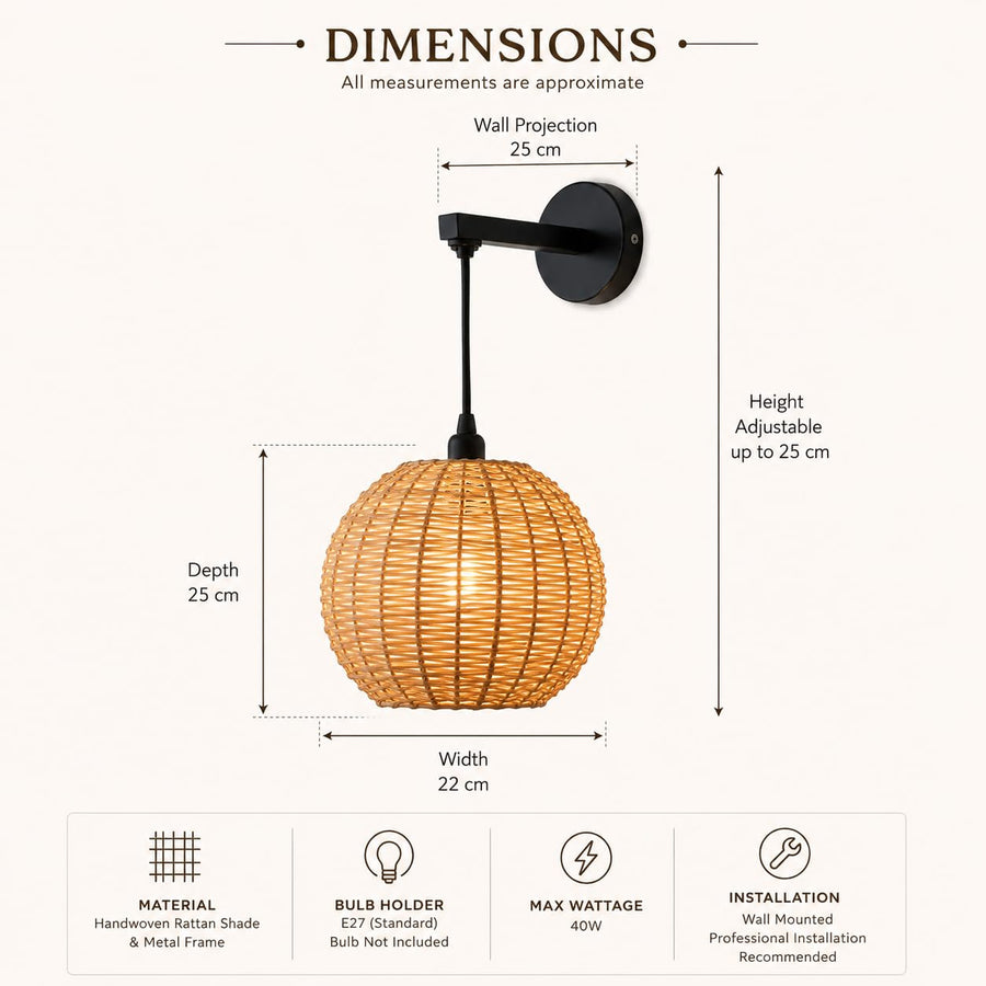 Handwoven Round Rattan Wall Light with Adjustable Drop Rod | Natural Wicker Wall Lamp | Matte Black Metal Arm