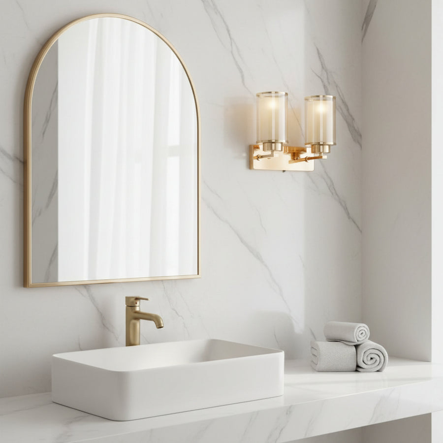 Modern Gold Dual Glass Wall Light | Elegant Metal & Clear Glass Sconce | Up & Down Lighting Fixture