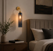 Modern Brass Wall Light with Smoke Blue Glass | T30 Tube Bulb | H56 × W10 × D21 cm