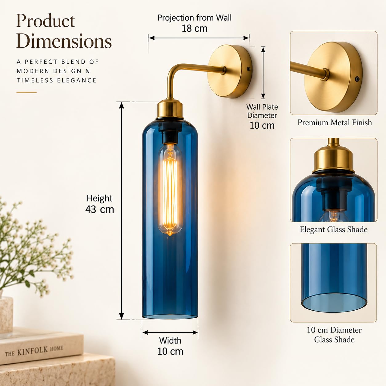 Modern Brass Wall Light with Blue Glass | T30 Tube Bulb | H56 × W10 × D21 cm