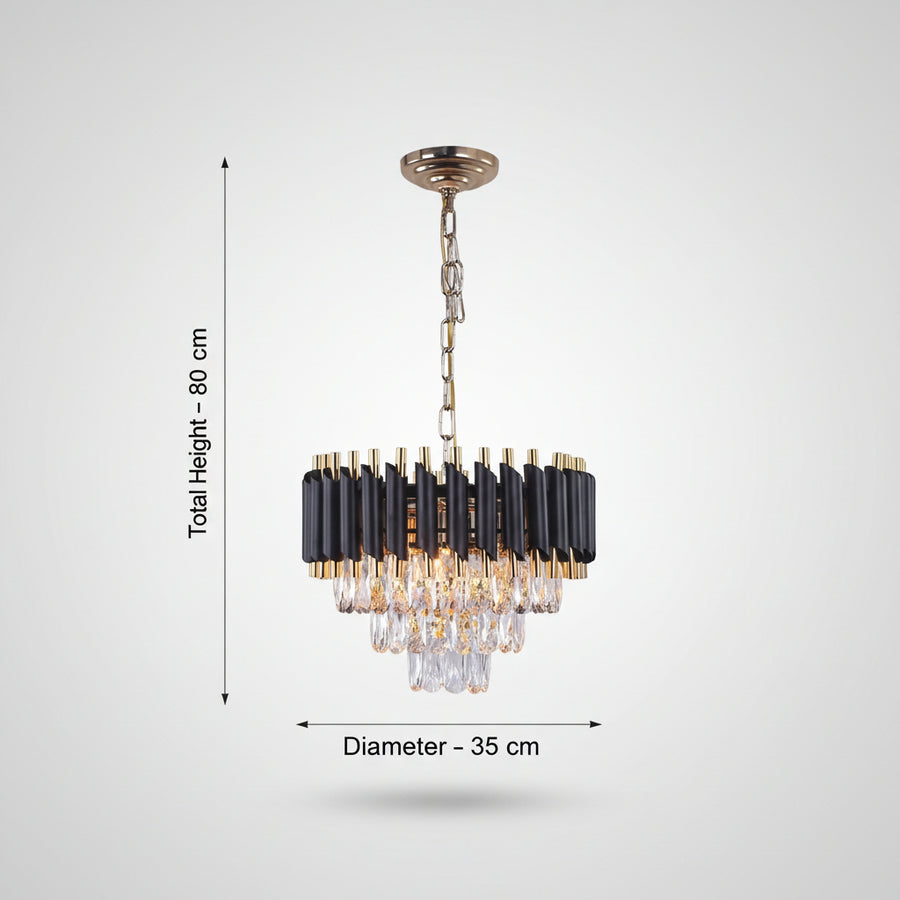 Luxury Black & Gold Crystal Chandelier – 400 mm Diameter | Polished Golden Chain & Canopy | Modern Designer Ceiling Light