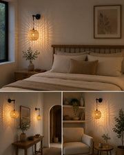 Handwoven Round Rattan Wall Light with Adjustable Drop Rod | Natural Wicker Wall Lamp | Matte Black Metal Arm