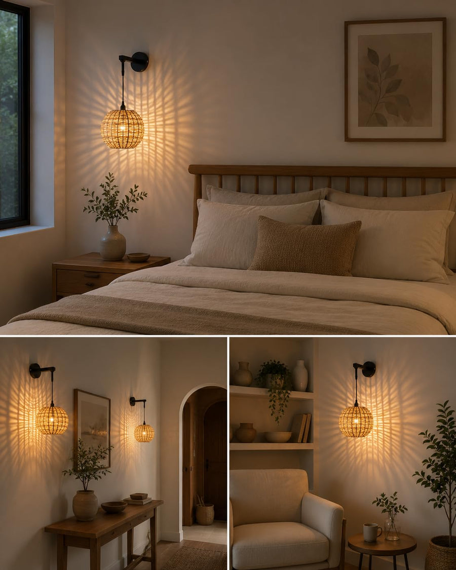 Handwoven Round Rattan Wall Light with Adjustable Drop Rod | Natural Wicker Wall Lamp | Matte Black Metal Arm