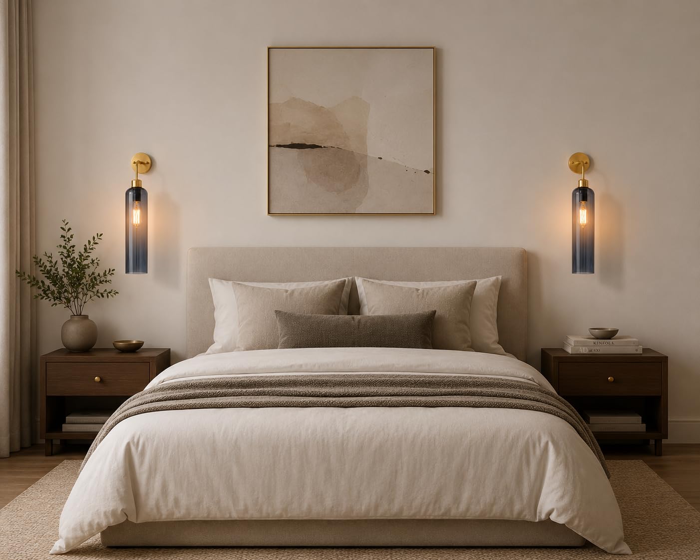 Modern Brass Wall Light with Smoke Blue Glass | T30 Tube Bulb | H56 × W10 × D21 cm