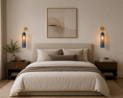 Modern Brass Wall Light with Smoke Blue Glass | T30 Tube Bulb | H56 × W10 × D21 cm