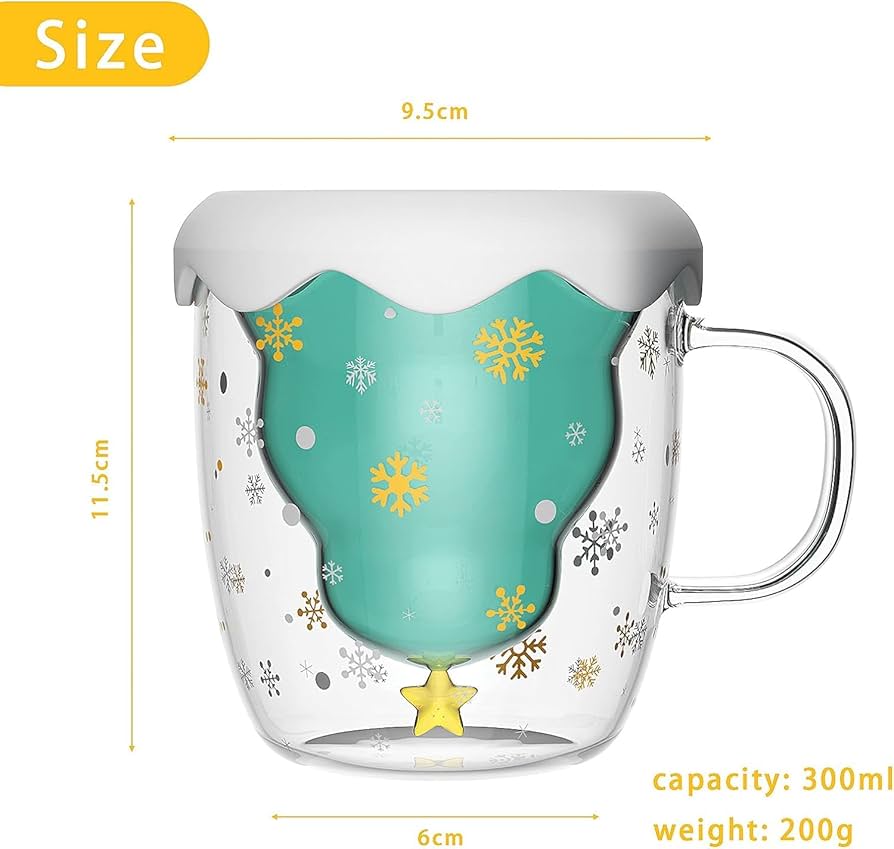 Coral Tree Double-Wall Christmas Mug with Snow Lid – 300ml Holiday Glass Cup with Inner Christmas Tree Design