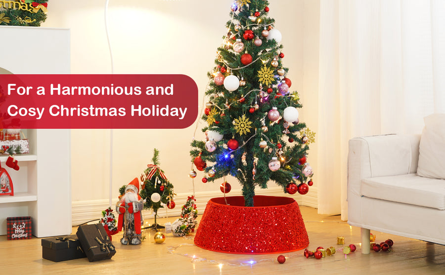 Coral Tree 31.5-Inch Red Glitter Christmas Tree Collar – Premium Sequined Tree Base Cover with 23.6-Inch Top Opening, 10.2-Inch Height – Durable Holiday Décor Stand Cover for Artificial & Real Christmas Tree