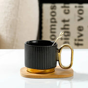 Porcelain Coffee Cup and Saucer Set with wooden tray