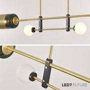 Modern Brass Linear Chandelier with Smoked Glass Shades & Globe Accent Lights | E-27 & G9 Holder Decorative Hanging Light for Dining Room, Kitchen Island & Living Space