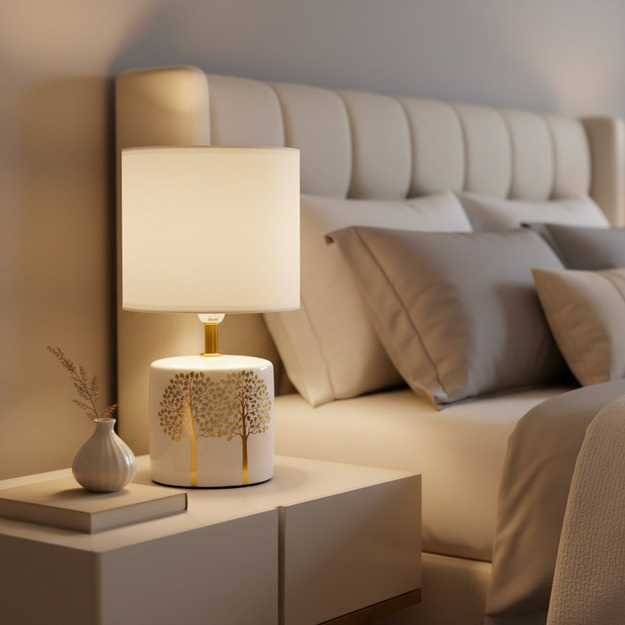 Ceramic Table Lamp with Gold Tree Design | Modern Bedside Lamp with Fabric Shade | E14 Holder | 28 cm