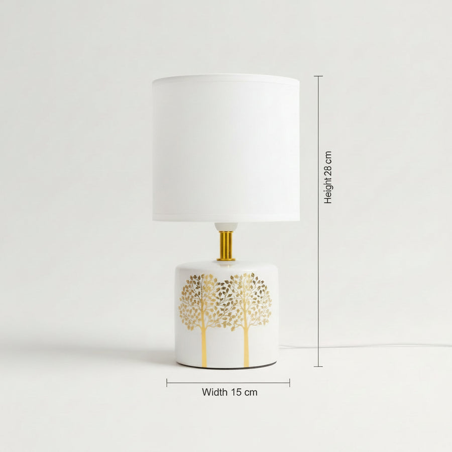 Ceramic Table Lamp with Gold Tree Design | Modern Bedside Lamp with Fabric Shade | E14 Holder | 28 cm