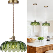 Vintage Green Glass Pendant Light with Wooden Holder & E-27 Bulb Socket | Adjustable Hanging Ceiling Light for Dining Room, Kitchen & Café