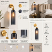 Modern Brass Wall Light with Smoke Blue Glass | T30 Tube Bulb | H56 × W10 × D21 cm