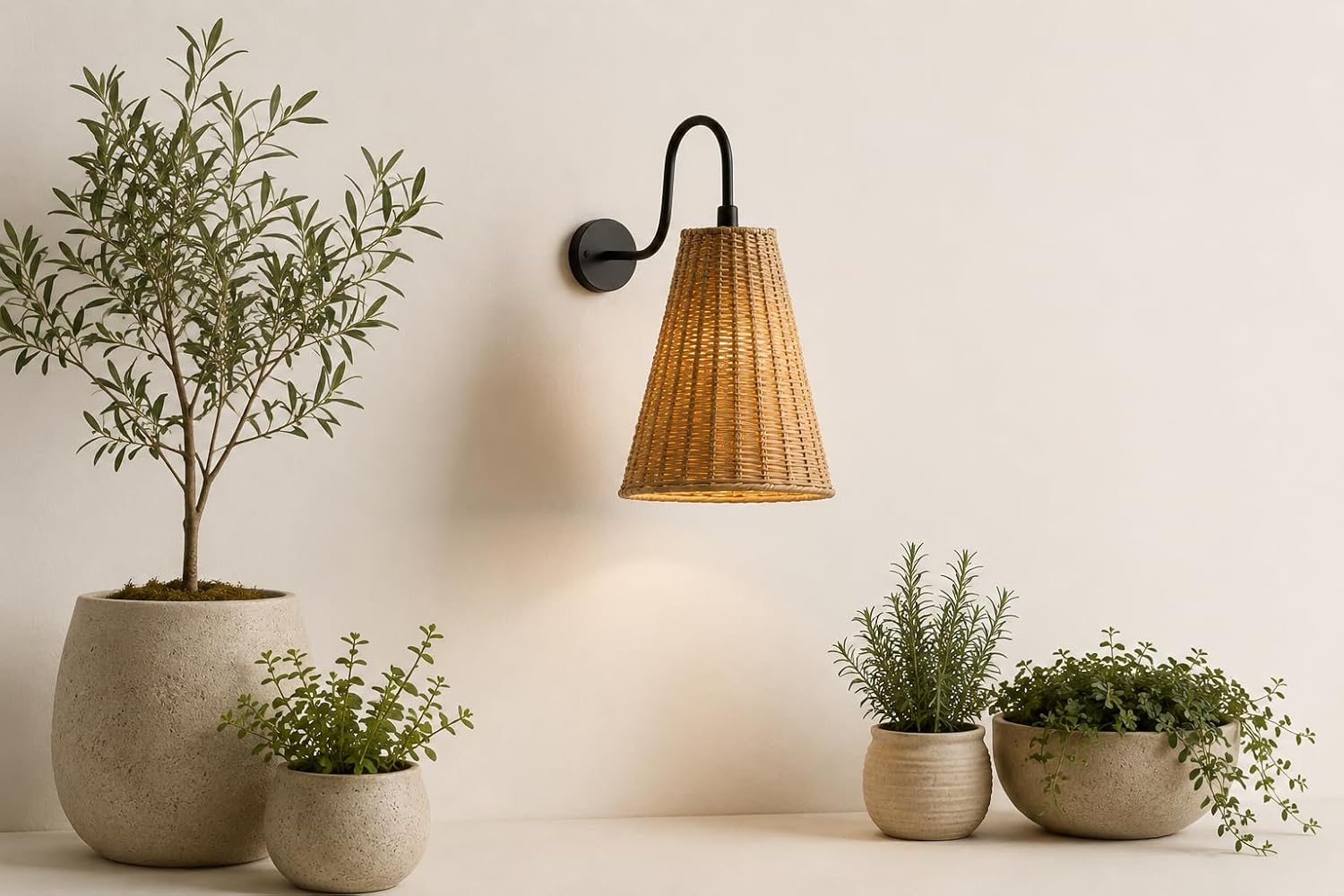 Handwoven Rattan Wall Light with Matte Black Arm – Warm Ambient Sconce