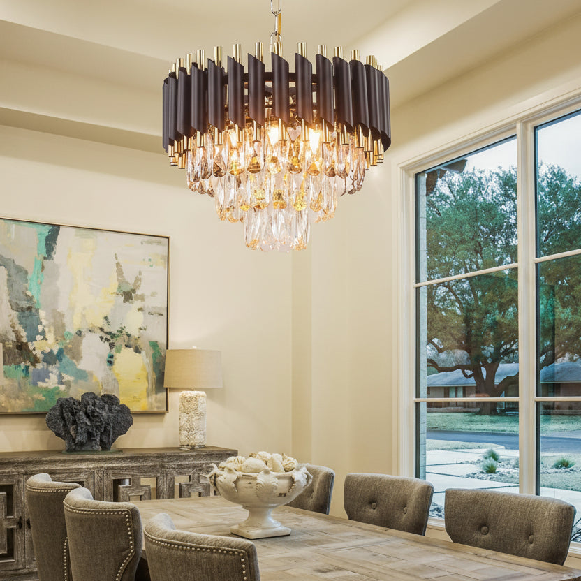 Luxury Black & Gold Crystal Chandelier – 400 mm Diameter | Polished Golden Chain & Canopy | Modern Designer Ceiling Light