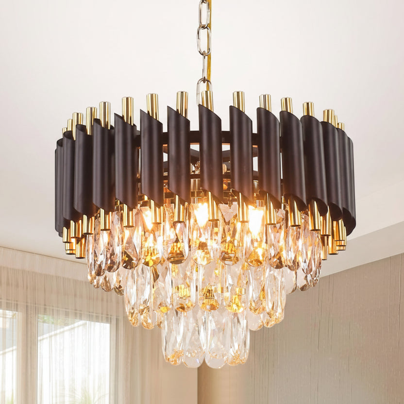 Luxury Black & Gold Crystal Chandelier – 400 mm Diameter | Polished Golden Chain & Canopy | Modern Designer Ceiling Light
