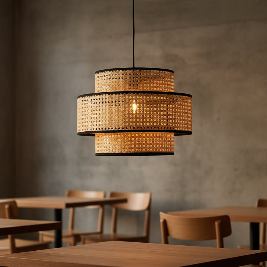 Handwoven Cane Double-Layer Pendant Light | 40 cm Rattan Ceiling Lamp | E27 Holder