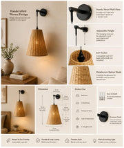 Handwoven Conical Rattan Wall Light – Adjustable Hanging Wall Lamp | Natural Beige Shade