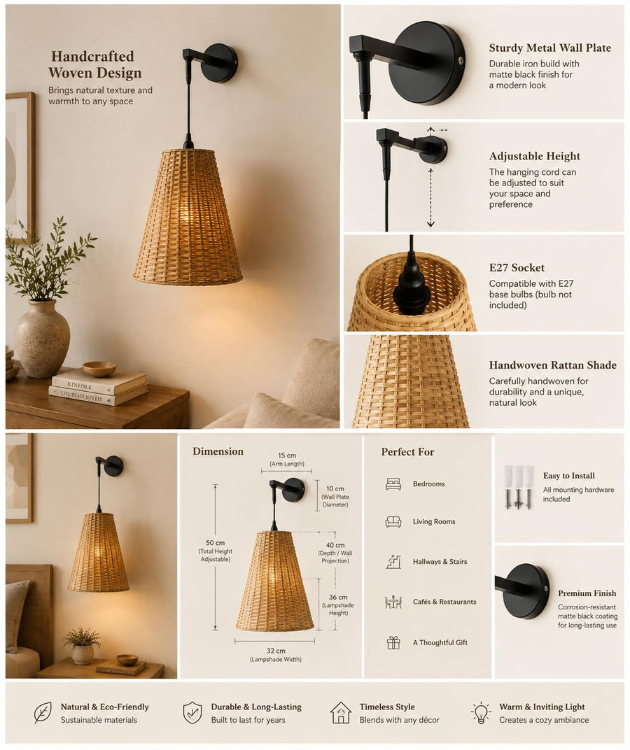 Handwoven Conical Rattan Wall Light – Adjustable Hanging Wall Lamp | Natural Beige Shade