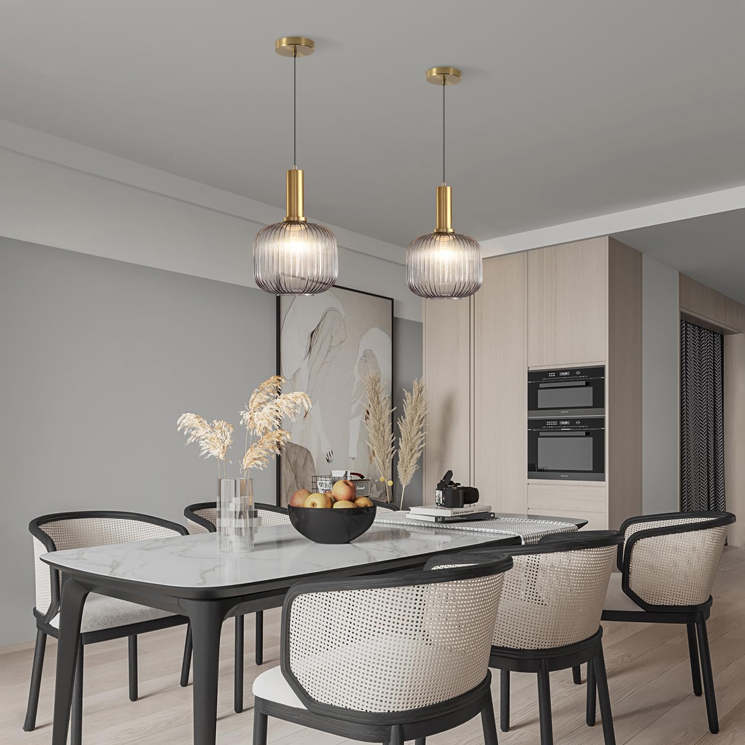 Modern Ribbed Glass Pendant Light with Gold Finish – Hanging Ceiling Lamp for Kitchen Island, Dining, Bedroom & Living Room