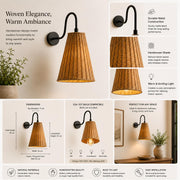 Handwoven Rattan Wall Light with Matte Black Arm – Warm Ambient Sconce