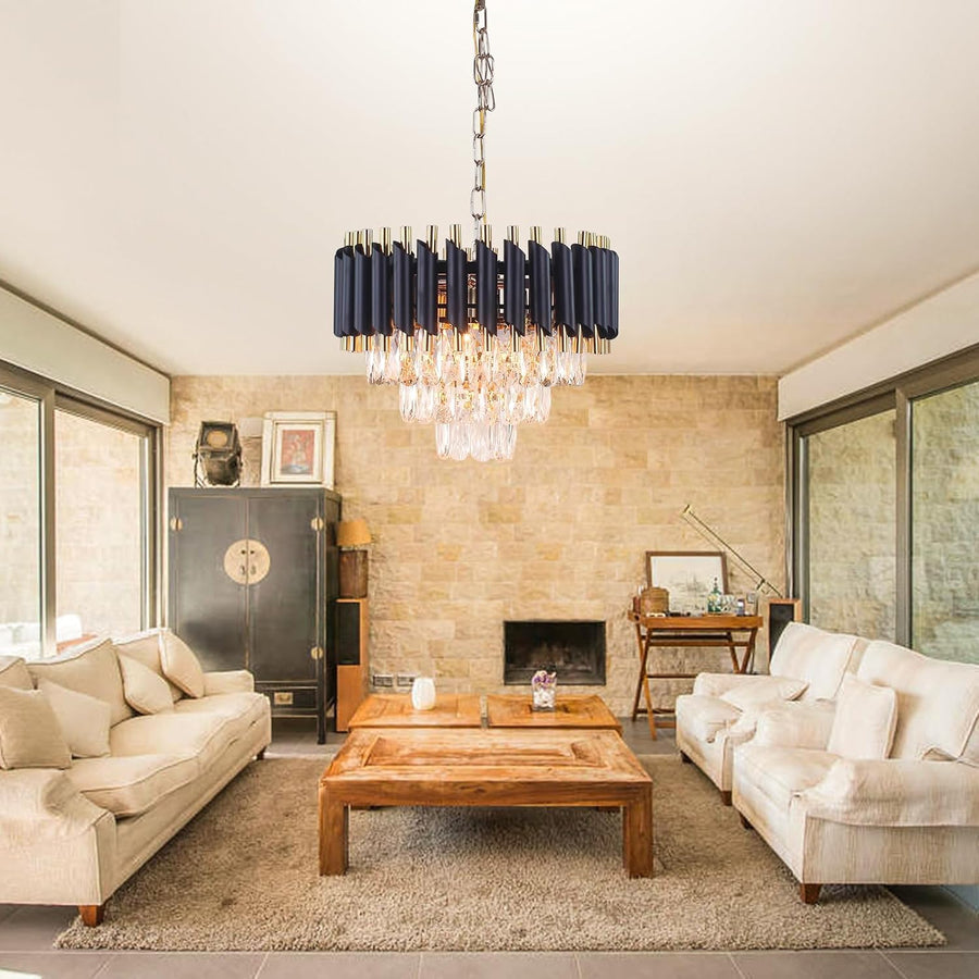 Luxury Black & Gold Crystal Chandelier – 400 mm Diameter | Polished Golden Chain & Canopy | Modern Designer Ceiling Light