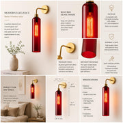 Modern Brass Wall Light with T30 Tube Bulb | Cylindrical Glass Designer Sconce | H56 × W10 × D21 cm | Warm Ambient Lighting