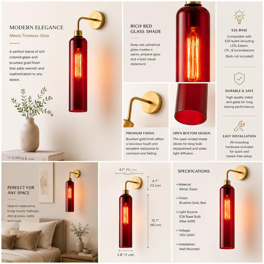 Modern Brass Wall Light with T30 Tube Bulb | Cylindrical Glass Designer Sconce | H56 × W10 × D21 cm | Warm Ambient Lighting