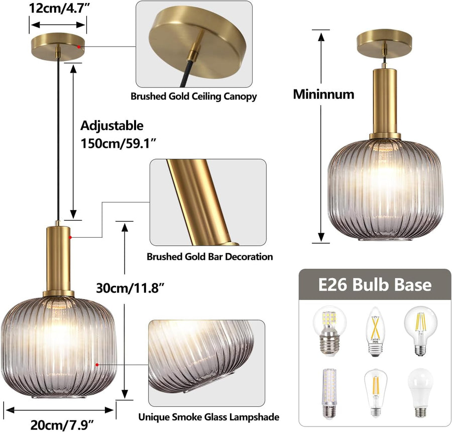 Smoke Glass Pendant Light Antique Brass