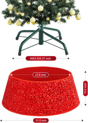 Coral Tree 31.5-Inch Red Glitter Christmas Tree Collar – Premium Sequined Tree Base Cover with 23.6-Inch Top Opening, 10.2-Inch Height – Durable Holiday Décor Stand Cover for Artificial & Real Christmas Tree