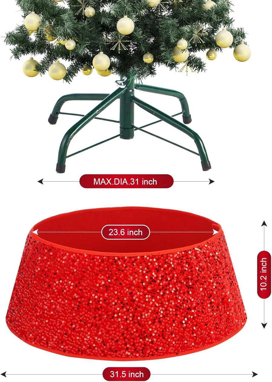 Coral Tree 31.5-Inch Red Glitter Christmas Tree Collar – Premium Sequined Tree Base Cover with 23.6-Inch Top Opening, 10.2-Inch Height – Durable Holiday Décor Stand Cover for Artificial & Real Christmas Tree