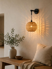Handwoven Round Rattan Wall Light with Adjustable Drop Rod | Natural Wicker Wall Lamp | Matte Black Metal Arm