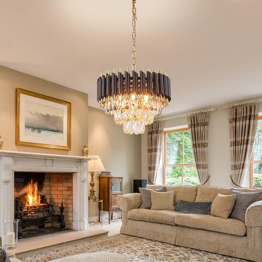 Luxury Black & Gold Crystal Chandelier – 400 mm Diameter | Polished Golden Chain & Canopy | Modern Designer Ceiling Light