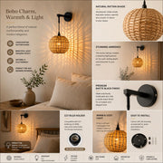 Handwoven Round Rattan Wall Light with Adjustable Drop Rod | Natural Wicker Wall Lamp | Matte Black Metal Arm