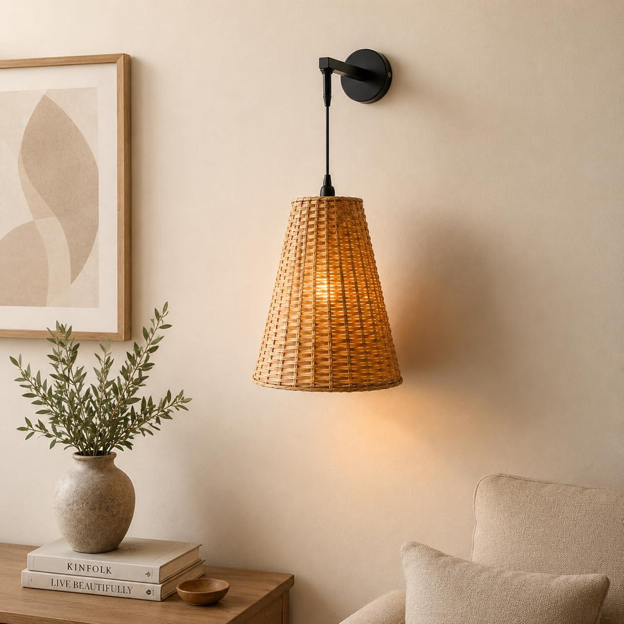 Handwoven Conical Rattan Wall Light – Adjustable Hanging Wall Lamp | Natural Beige Shade