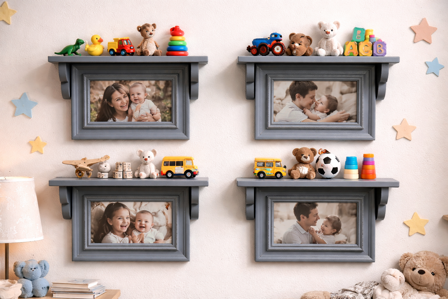 Horizontal GREY photoframe with wooden shelf