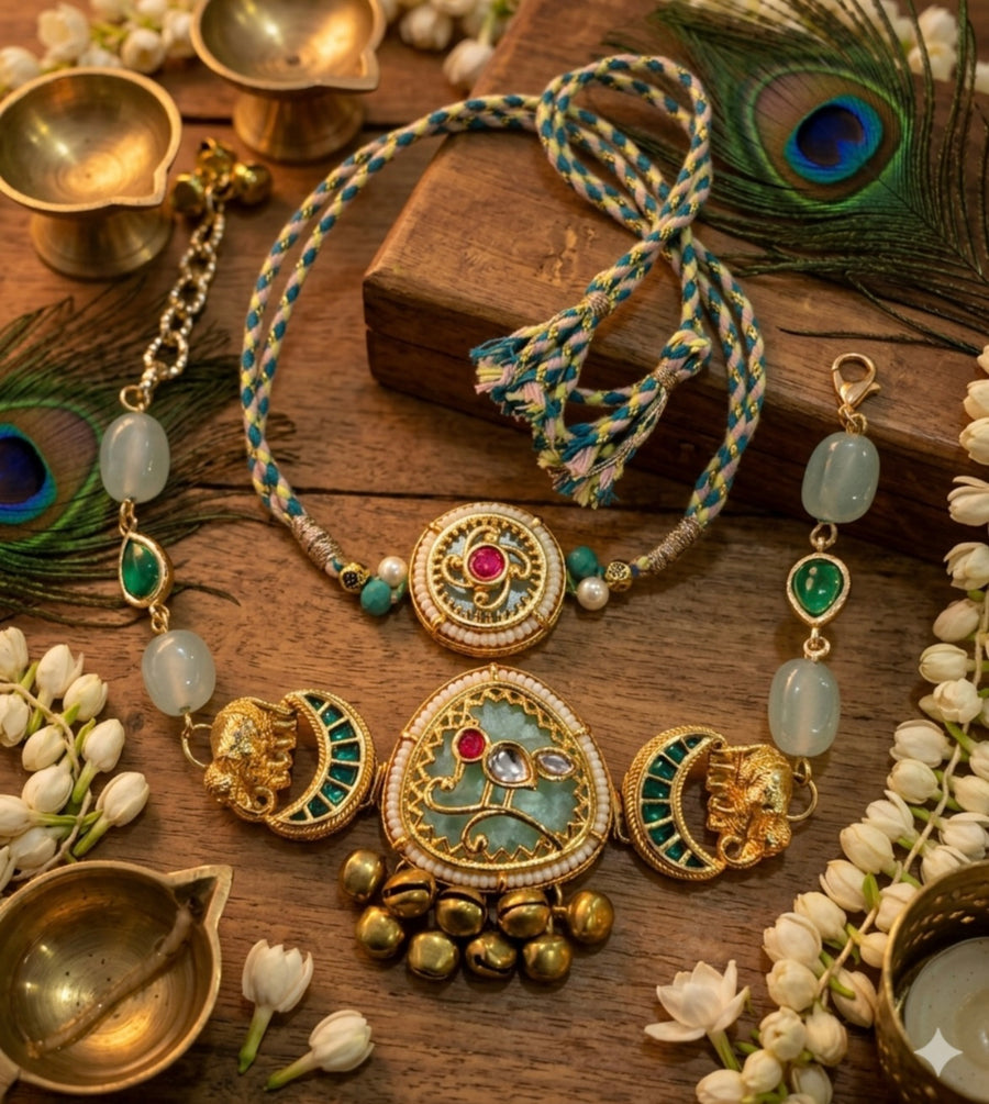 Handcrafted Jadau Kundan Rakhi with Matching Lumba