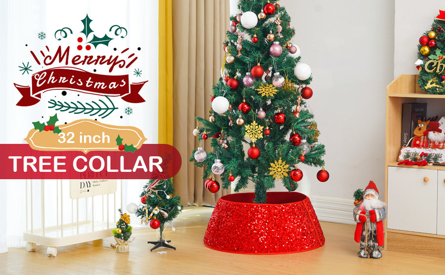Coral Tree 31.5-Inch Red Glitter Christmas Tree Collar – Premium Sequined Tree Base Cover with 23.6-Inch Top Opening, 10.2-Inch Height – Durable Holiday Décor Stand Cover for Artificial & Real Christmas Tree