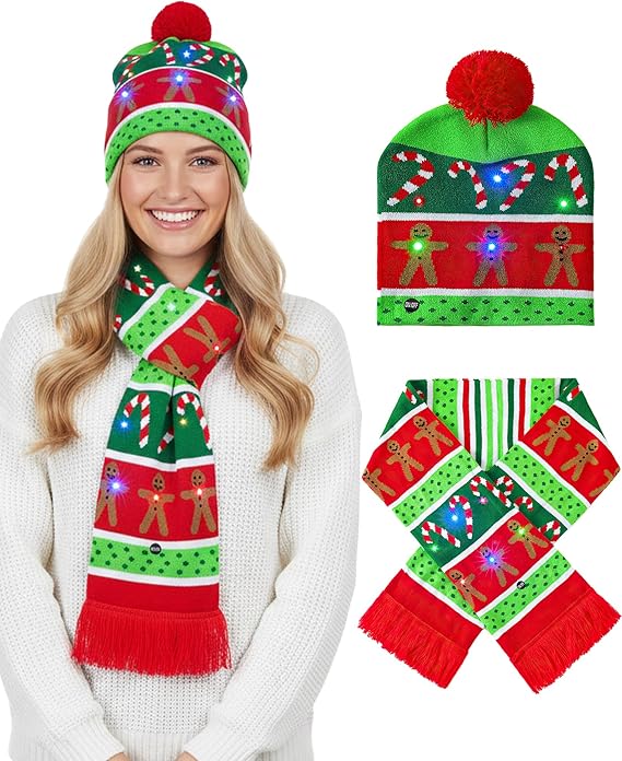 Christmas LED Knitted Cap & Muffler Set – Gingerbread & Candy Cane Design