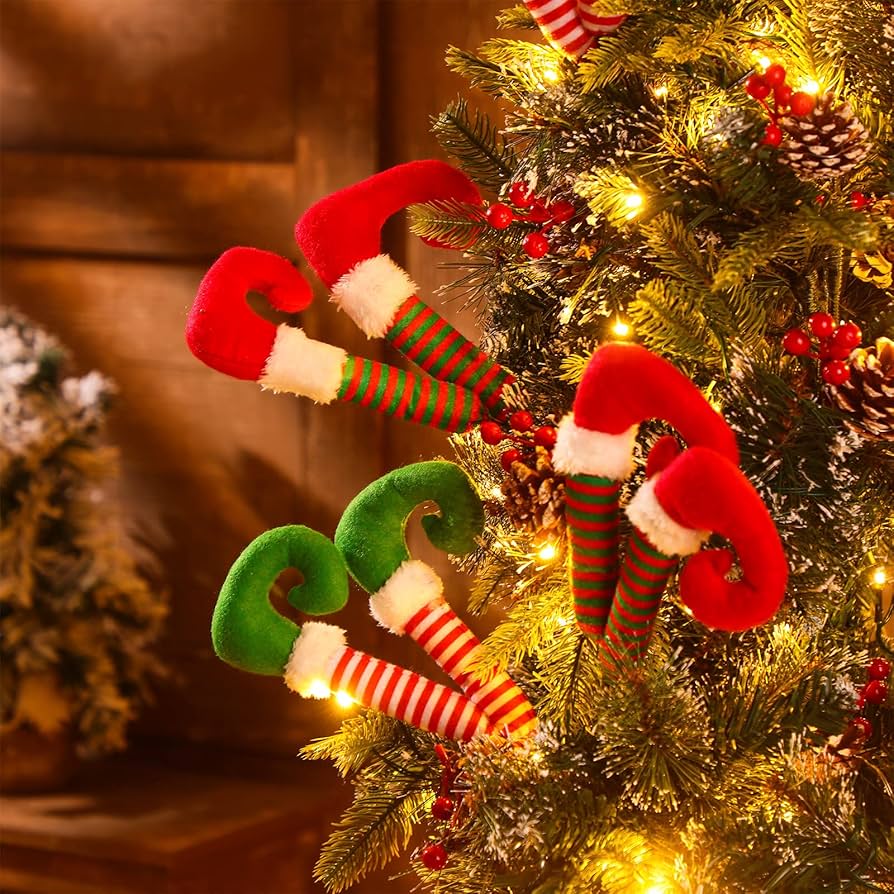 Elf Legs Christmas Picks – Set of 3 Mini Stuffed Legs for Tree Decoration