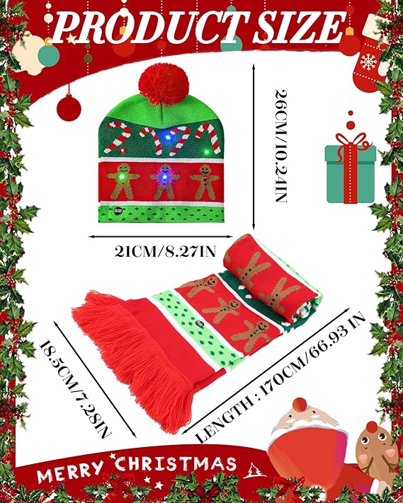 Christmas LED Knitted Cap & Muffler Set – Gingerbread & Candy Cane Design