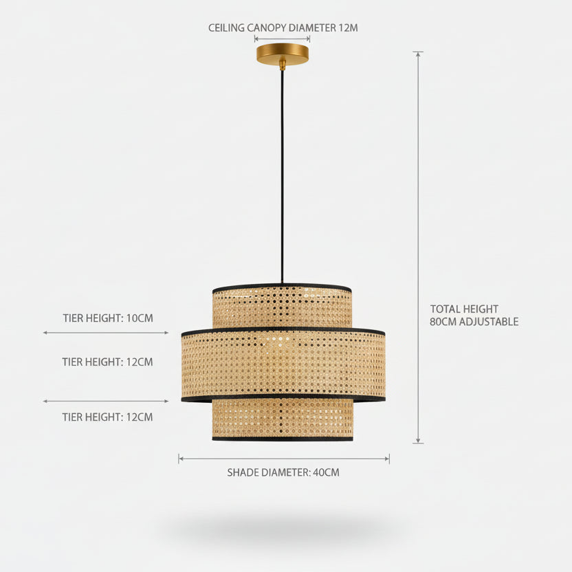 Handwoven Cane Double-Layer Pendant Light | 40 cm Rattan Ceiling Lamp | E27 Holder